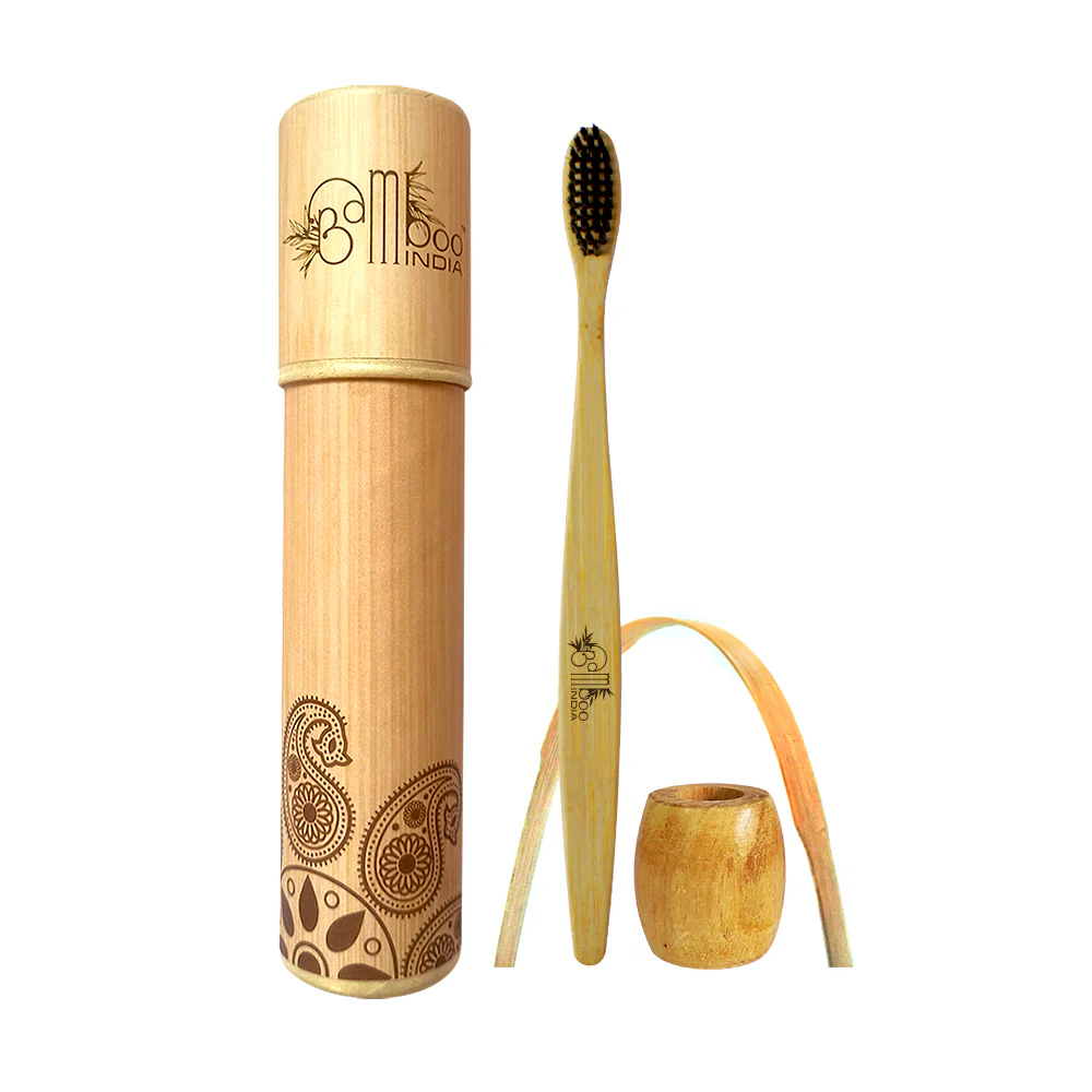 Bamboo Toothbrush Charcoal Adult - Soft with Tongue Cleaner & Holder - Image 3